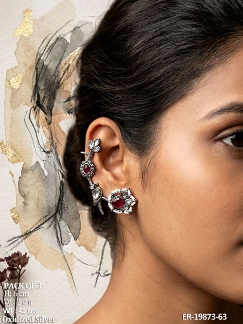 Traditional Bird Ear Cuff Earrings in Oxidised Finish, photo 2 of 3