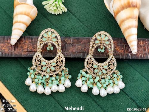 Moon Stone-Studded Drop Earrings for Women in Mint Green, photo 13 of 16