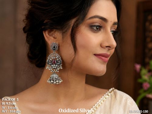 Oxidised Finish Stone-Studded Earrings Set of 5