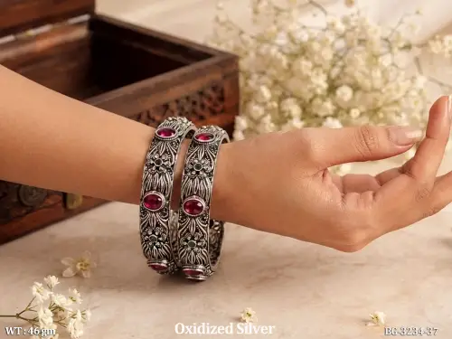 Fancy Oxidized Silver Floral Stone Studded Bangles