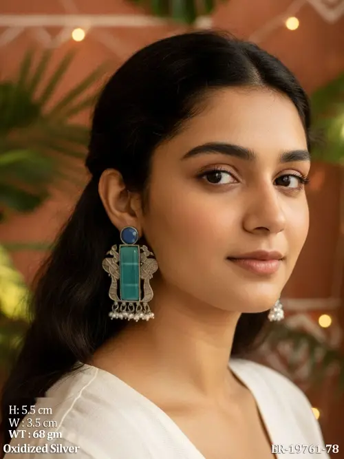 Peacock Earrings with Stone Work in Oxidised Finish