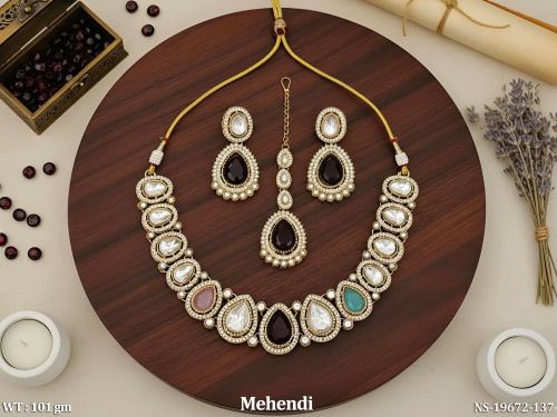 Kundan Necklace Set with Earrings with Stone Work in Mehendi Finish