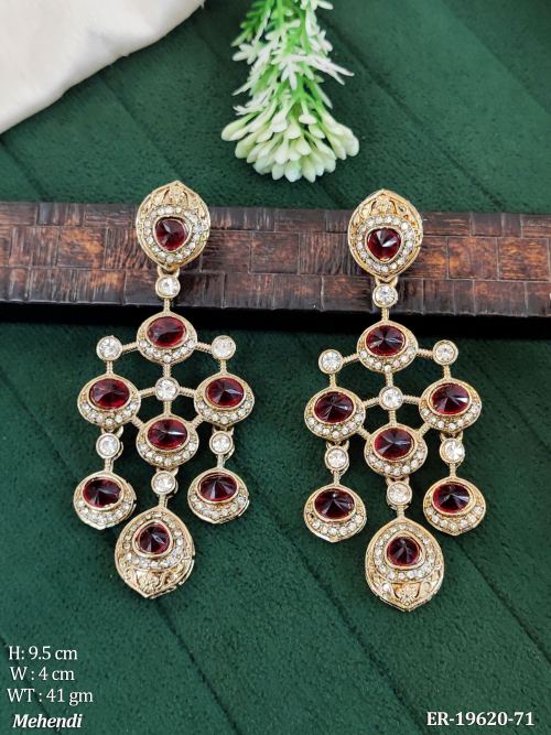 Long Antique Earrings with Stone Work in Mehendi Finish in Ruby, photo 7 of 9
