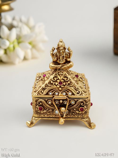 Temple Style Ganesha Sindoor Box in High Gold Finish