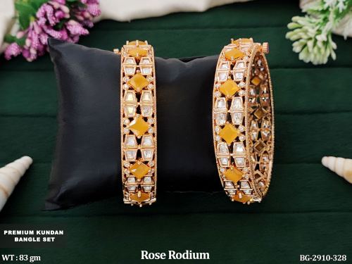 Rose Finish Stone-Studded Bangles for Women Set of 2 in Yellow / 2 X 4, photo 2 of 5