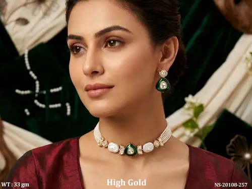 Green Kundan Necklace Set with Stone Work