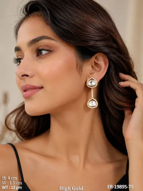 White Kundan Drop Earrings with Stone Work