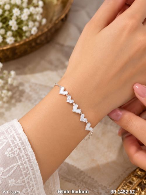 Stone-Studded Heart Bracelet in White Finish