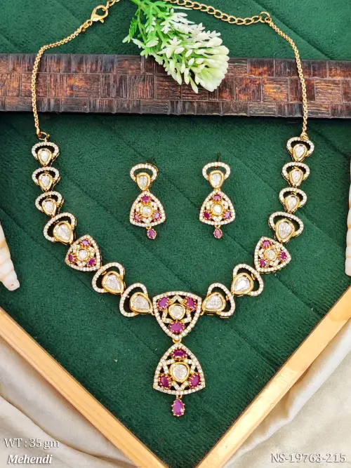 Kundan Short Necklace Set with Earrings in Mehendi Finish for Women