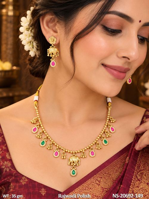 Stone-Studded Elephant Necklace Set in Rajwadi Finish