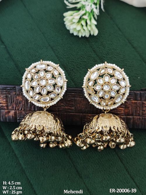 Mehendi Finish Stone-Studded Jhumka Earrings for Women in White, photo 4 of 5
