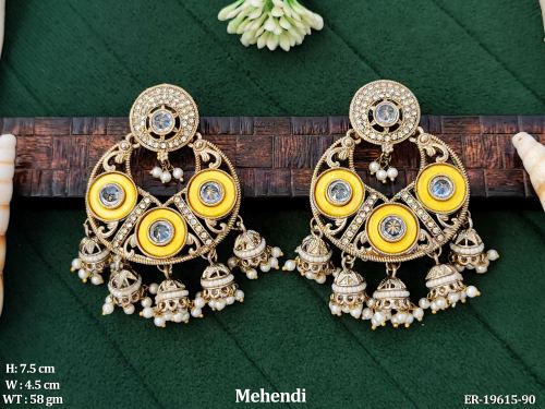 Antique Stone-Studded Jhumka Earrings in Mehendi Finish in Yellow, photo 6 of 9