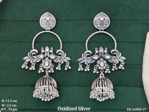 Oxidised Finish Stone-Studded Jhumka Earrings for Women in White, photo 5 of 7