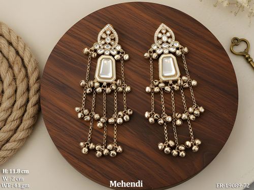 Long Stone-Studded Chain Earrings with Small Bells in Mehendi Finish in White, photo 9 of 12