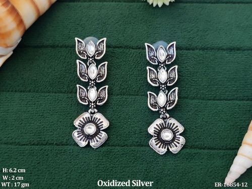 Oxidised Finish Leaf and Flower Drop Earrings in White, photo 5 of 5