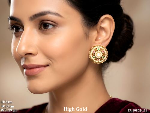 Antique Stone-Studded Stud Earrings for Women in Ruby Green, photo 3 of 7