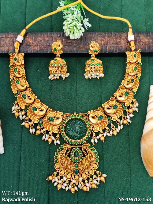 Rajwadi Finish Stone-Studded Necklace Set with Peacock Design in Green, photo 3 of 5