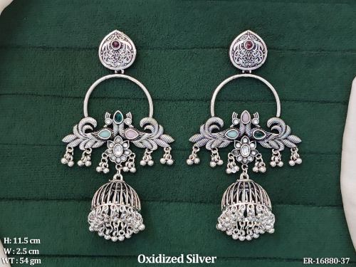 Oxidised Finish Stone-Studded Jhumka Earrings for Women in Multi, photo 6 of 7