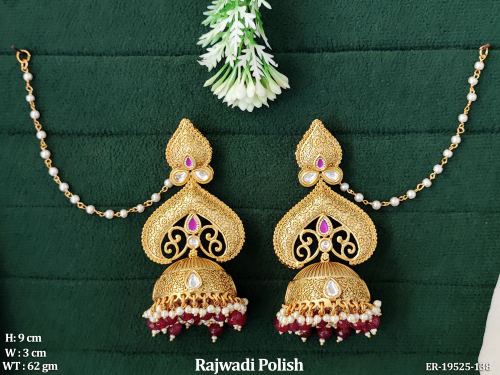 Temple Stone-Studded Jhumka Earrings in Rajwadi Finish in Ruby, photo 2 of 3