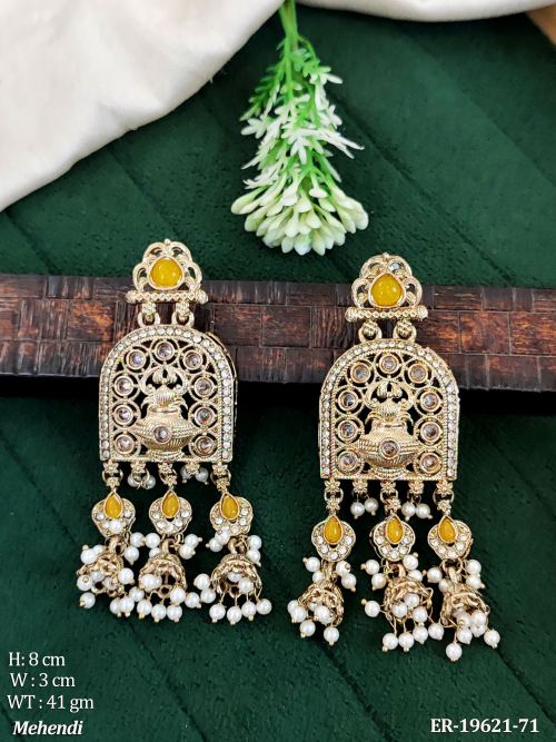 Traditional Stone-Studded Jhumka Earrings in Mehendi Finish in Yellow, photo 11 of 14