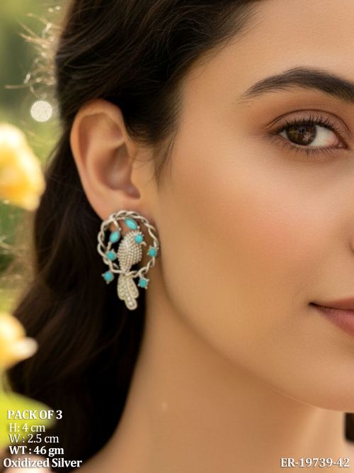 Earrings with Stone Work in Oxidised Finish, photo 2 of 3