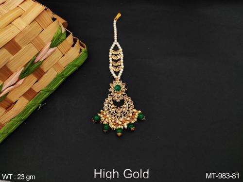 Antique Tassel Maang Tikka with Pearls in Green, photo 3 of 3