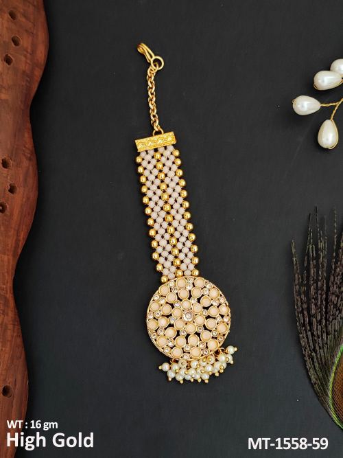 Stone-Studded Antique Maang Tikka in Peach, photo 8 of 9