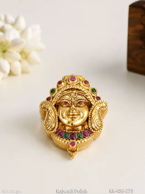 Rajwadi Gold Goddess Face Sindoor Box with Gemstone Work