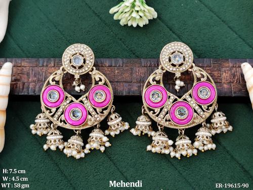 Antique Stone-Studded Jhumka Earrings in Mehendi Finish in Rani, photo 4 of 9