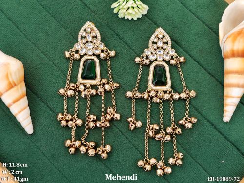 Long Stone-Studded Chain Earrings with Small Bells in Mehendi Finish in Green, photo 7 of 12