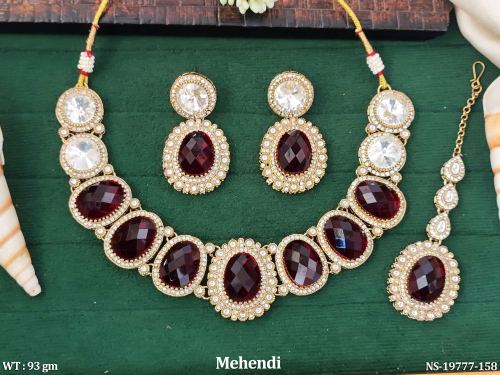 Statement Stone-Studded Necklace Set in Mehendi Finish in Ruby, photo 2 of 4