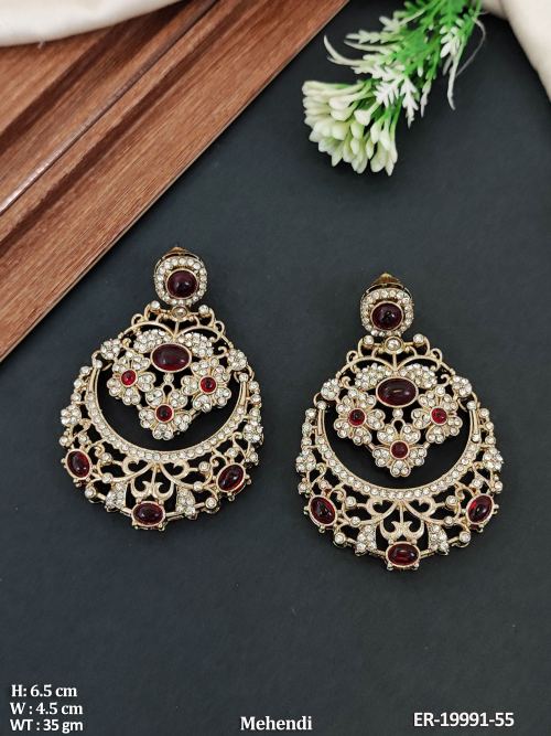 Mehendi Finish Stone-Studded Chandbali Earrings in Ruby, photo 4 of 8