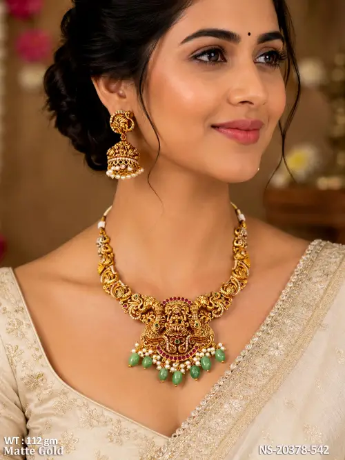 Temple Style Lakshmi Matte Gold Party Wear Necklace Set