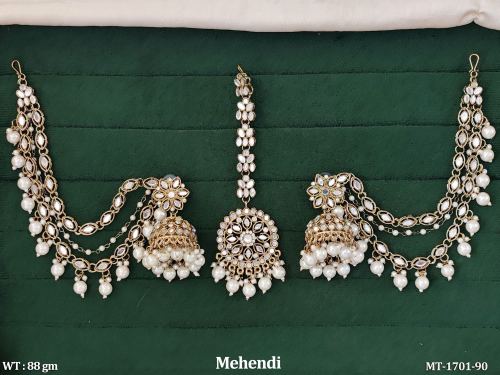 Traditional Kundan Pearl Maang Tikka And Jhumka Bridal Set