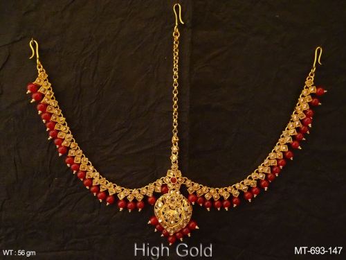 Stone-Studded Maang Tikka with Side Chains and Bead Fringe