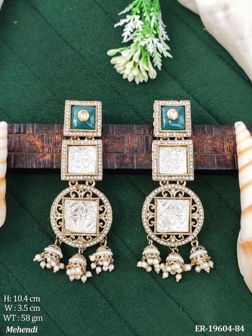 Long Pearl Jhumka Earrings for Women in Green, photo 3 of 8
