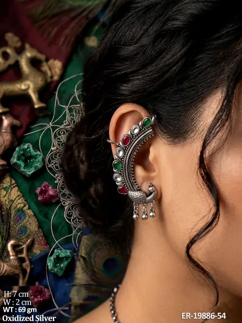 Stone-Studded Peacock Ear Cuff Earrings Set of 3