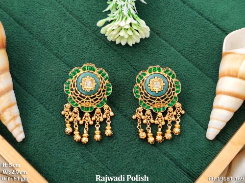 Classic Stone-Studded Earrings in Rajwadi Finish in Green, photo 3 of 4