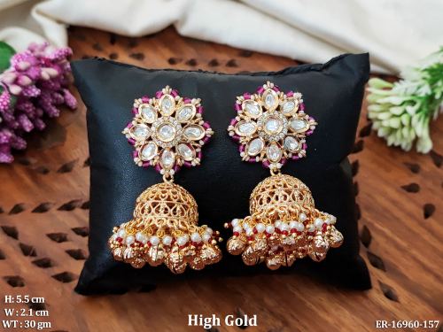 Antique Stone-Studded Jhumka Earrings with Floral Top in Ruby, photo 2 of 3