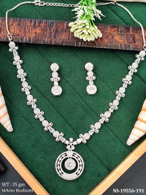 Stone-Studded Necklace Set with Earrings in White Finish
