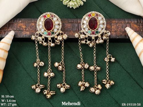 Stone-Studded Drop Earrings in Mehendi Finish
