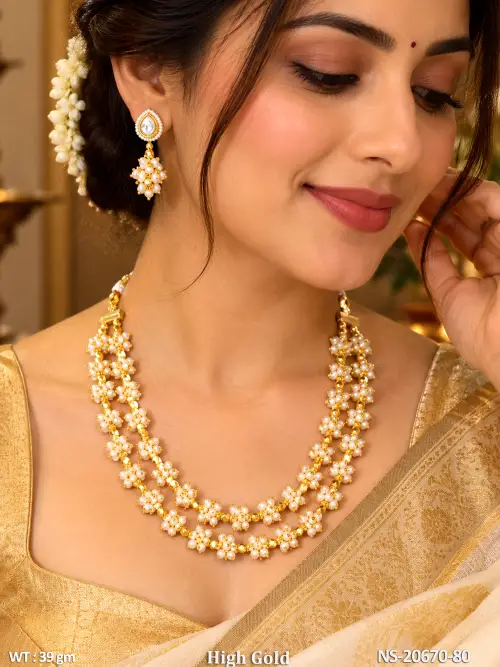 Fancy Designer Pearl Necklace Set High Gold Polish