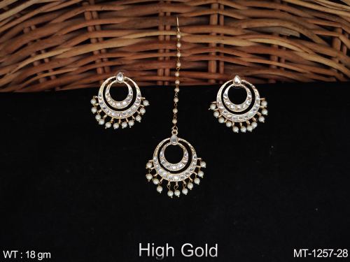 High Gold Polish Antique Jewellery Fancy Style Party wear Antique Maang Tikka with Earring