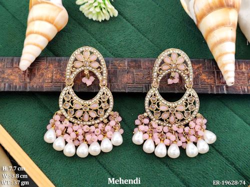 Moon Stone-Studded Drop Earrings for Women in Pink, photo 4 of 16