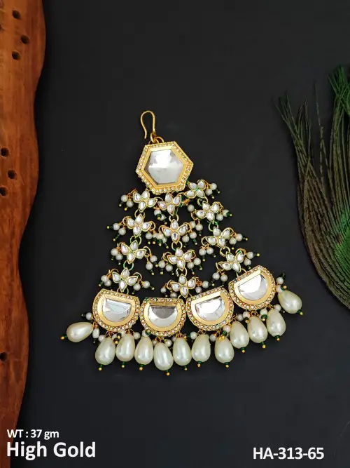 Kundan High Gold Polish Clustered Pearl Party Wear Hair Accessories   