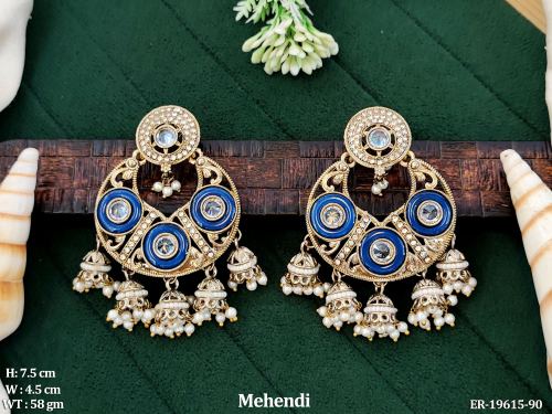 Antique Stone-Studded Jhumka Earrings in Mehendi Finish in Blue, photo 3 of 9