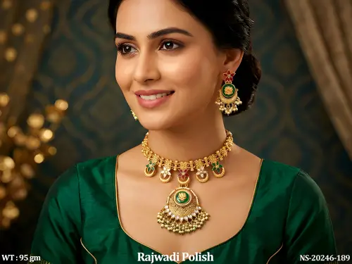 Temple Necklace Set with Stone Work in Rajwadi Finish