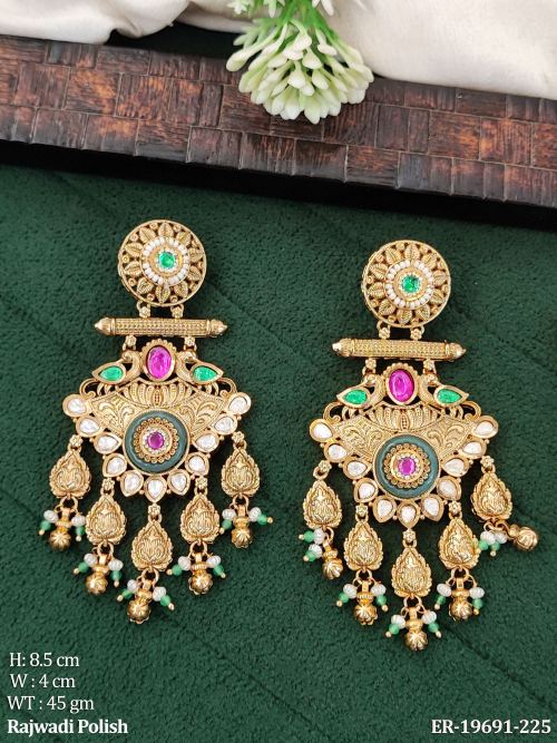 Heritage Stone-Studded Long Drop Earrings in Rajwadi Finish in Mint Green, photo 2 of 3