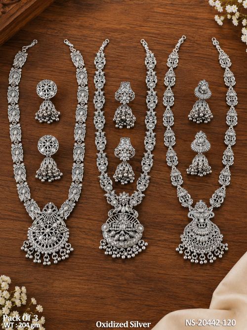 Traditional Oxidized Silver Long Necklace Pack of 3