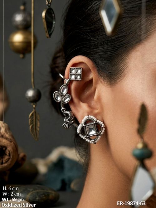 Square Stone Ear Cuff Earrings in Oxidised Finish